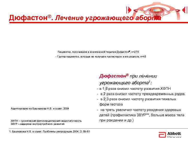 Дюфастон®. Лечение угрожающего аборта       Пациентки, получавшие в комплексной