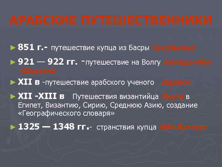 АРАБСКИЕ ПУТЕШЕСТВЕННИКИ ► 851 г. - путешествие купца из Басры Сулеймана ► 921 —