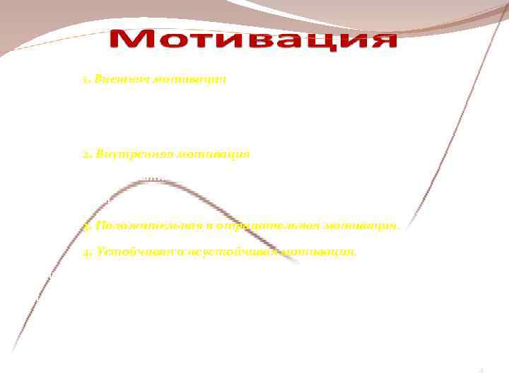   1. Внешняя мотивация (экстенсивная) — мотивация, не связанная с содержанием определенной деятельности,