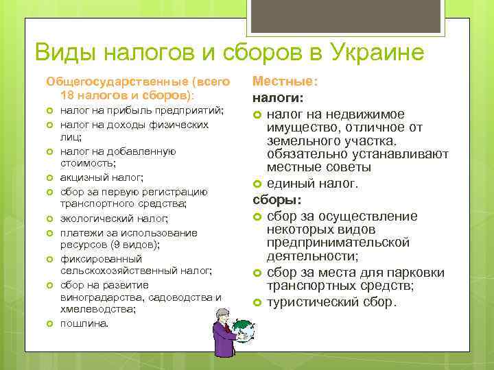 Виды налогов и сборов в Украине Общегосударственные (всего  Местные:  18 налогов и