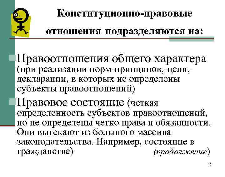    Конституционно-правовые   отношения подразделяются на:  n. Правоотношения общего характера