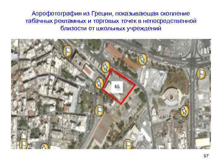 Аэрофотография из Греции, показывающая скопление табачных рекламных и торговых точек в непосредственной близости от