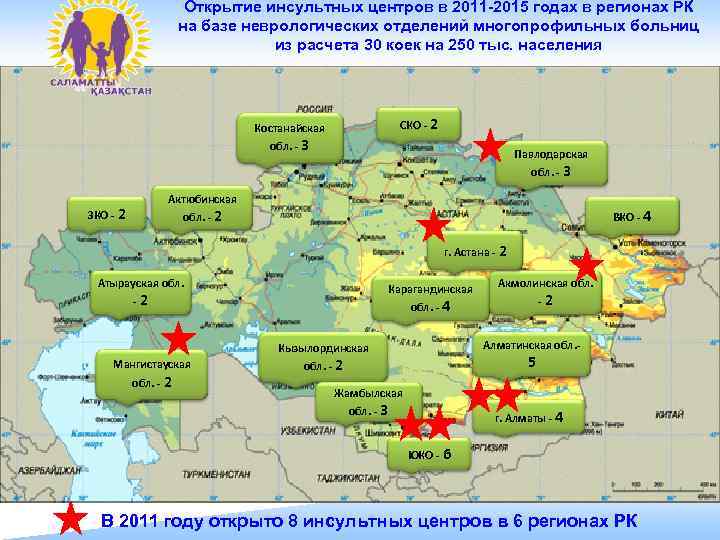 Открытие инсультных центров в 2011 -2015 годах в регионах РК на базе неврологических отделений