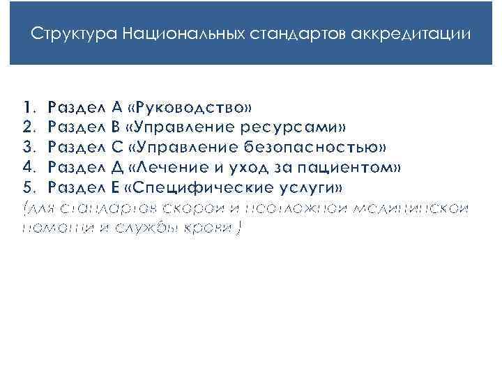 Структура Национальных стандартов аккредитации 1. Раздел А «Руководство» 2. Раздел В «Управление ресурсами» 3.