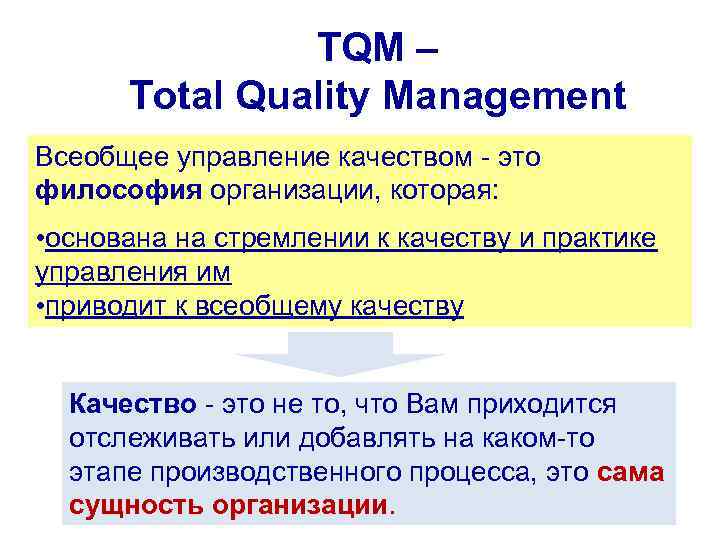 ТQМ – Total Quality Management Всеобщее управление качеством - это философия организации, которая: •