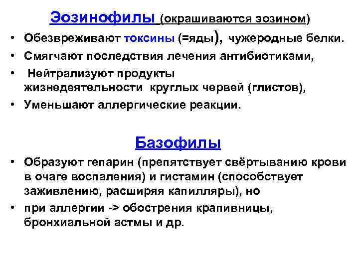  Эозинофилы (окрашиваются эозином) • Обезвреживают токсины (=яды), чужеродные белки.  • Смягчают последствия