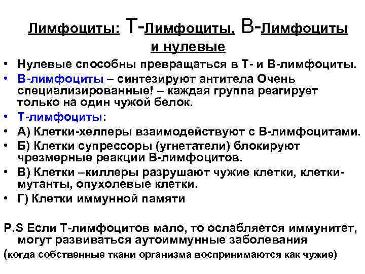   Лимфоциты:  Т-Лимфоциты, В-Лимфоциты     и нулевые • Нулевые