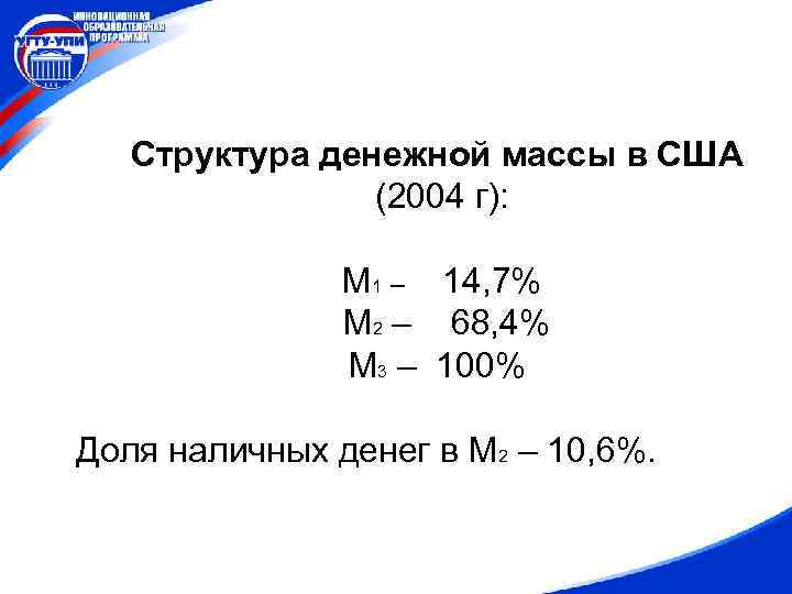 Структура денежной массы в США (2004 г): М 1 – 14, 7% М 2