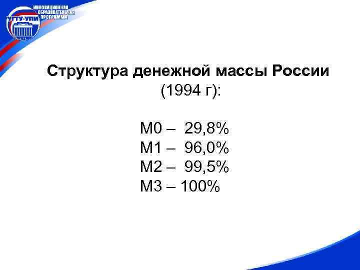 Структура денежной массы России (1994 г): М 0 – 29, 8% М 1 –