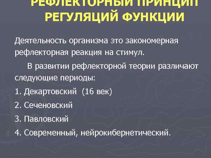   РЕФЛЕКТОРНЫЙ ПРИНЦИП РЕГУЛЯЦИЙ ФУНКЦИИ Деятельность организма это закономерная рефлекторная реакция на стимул.