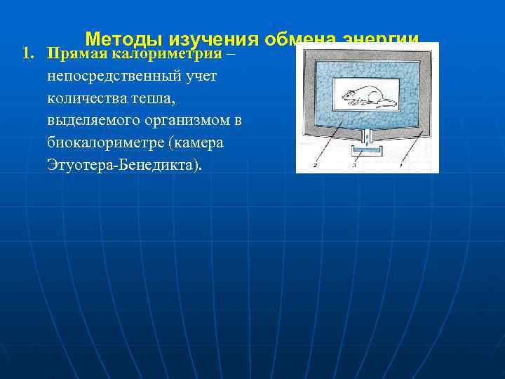   Методы изучения обмена энергии 1. Прямая калориметрия –  непосредственный учет 