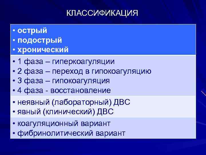    КЛАССИФИКАЦИЯ  • острый • подострый • хронический • 1 фаза
