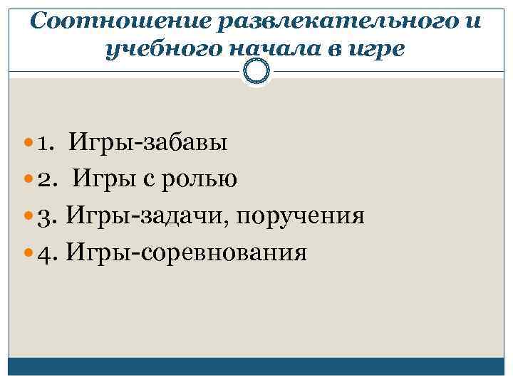 Соотношение развлекательного и учебного начала в игре 1. Игры-забавы  2. Игры с ролью