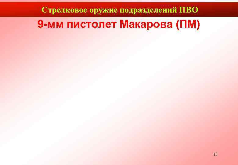 Стрелковое оружие подразделений ПВО 9 -мм пистолет Макарова (ПМ)    15 