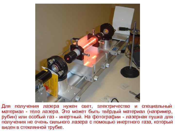 Для получения лазера нужен свет, электричество и специальный материал - тело лазера. Это может