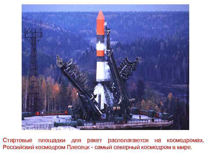 Стартовые площадки для ракет располагаются на космодромах. Российский космодром Плесецк - самый северный космодром
