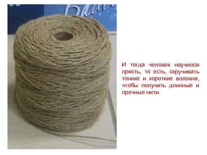 И тогда человек научился прясть, то есть, скручивать тонкие и короткие волокна, чтобы получить