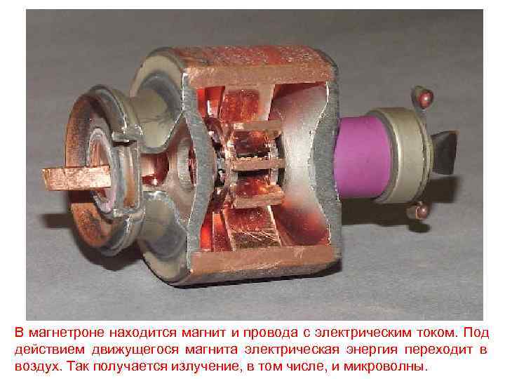 В магнетроне находится магнит и провода с электрическим током. Под действием движущегося магнита электрическая