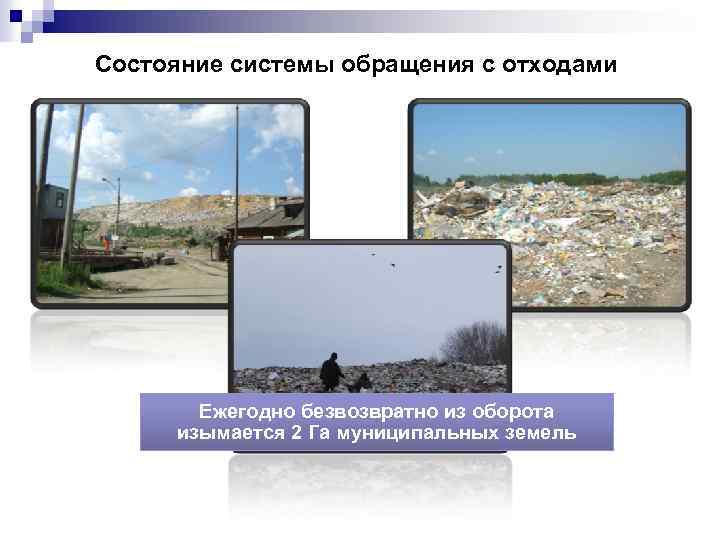 Состояние системы обращения с отходами Ежегодно безвозвратно из оборота изымается 2 Га муниципальных земель