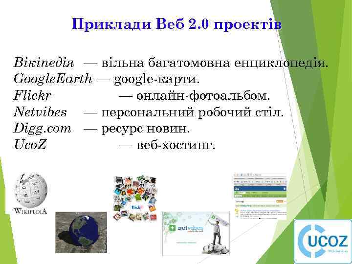   Приклади Веб 2. 0 проектів Вікіпедія — вільна багатомовна енциклопедія. Google. Earth