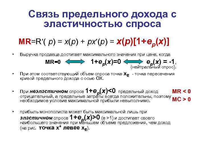   Связь предельного дохода с   эластичностью спроса MR=R ( p) =