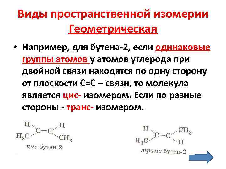 Виды пространственной изомерии   Геометрическая • Например, для бутена-2, если одинаковые  группы