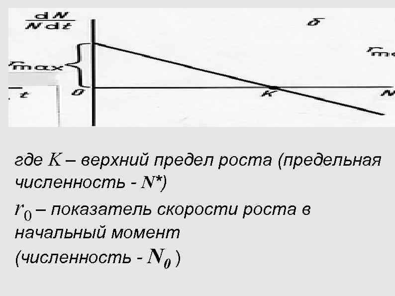 где K – верхний предел роста (предельная численность - N*) r 0 – показатель где K – верхний предел роста (предельная численность - N*) r 0 – показатель