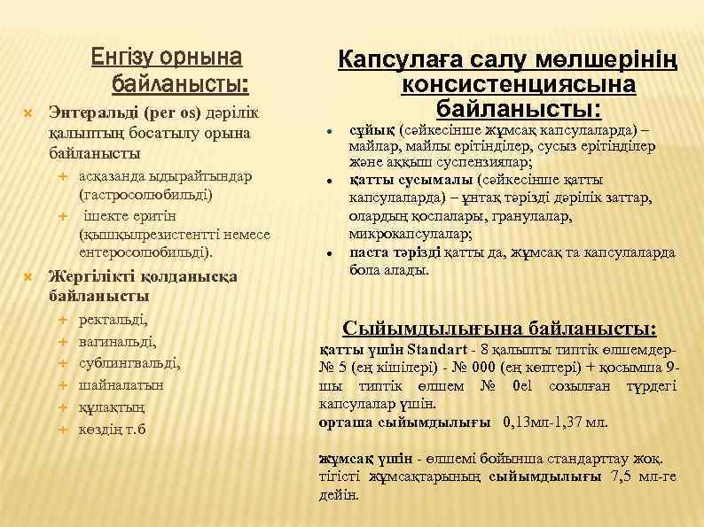 Енгізу орнына байланысты: Энтеральді (per os) дәрілік қалыптың босатылу орына байланысты асқазанда ыдырайтындар (гастросолюбильді)