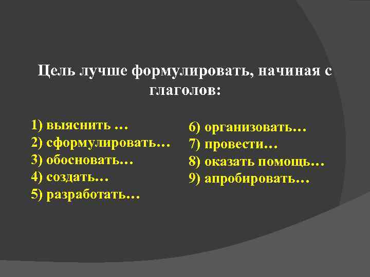 Цель лучше формулировать, начиная с   глаголов:  1) выяснить …  6)