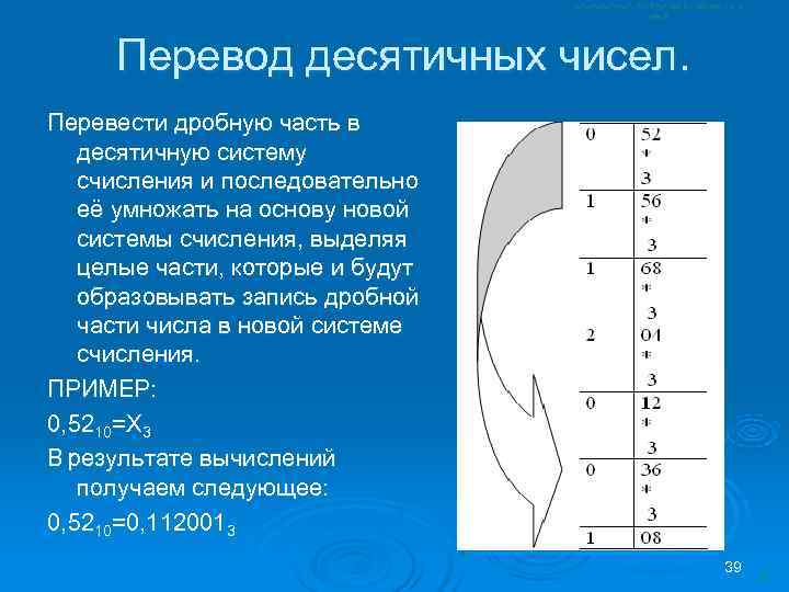  Перевод десятичных чисел. Перевести дробную часть в  десятичную систему  счисления и