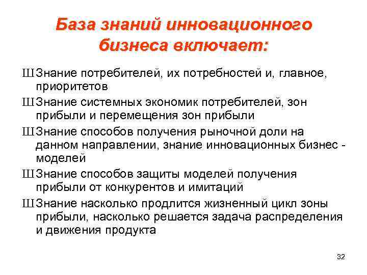  База знаний инновационного бизнеса включает: Ш Знание потребителей, их потребностей и, главное, приоритетов