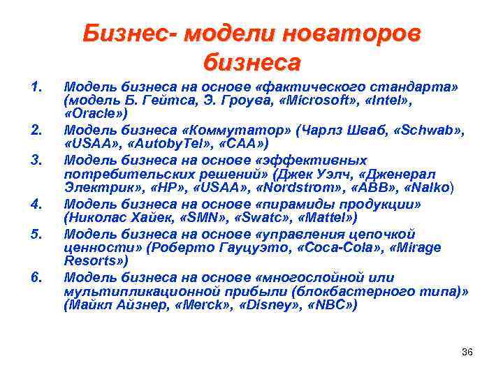  Бизнес- модели новаторов бизнеса 1. Модель бизнеса на основе «фактического стандарта» (модель Б.