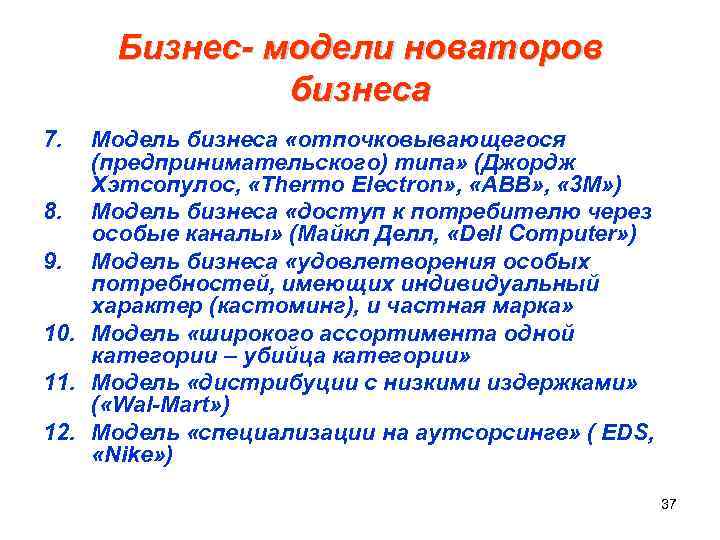  Бизнес- модели новаторов бизнеса 7. Модель бизнеса «отпочковывающегося (предпринимательского) типа» (Джордж Хэтсопулос, «Thermo