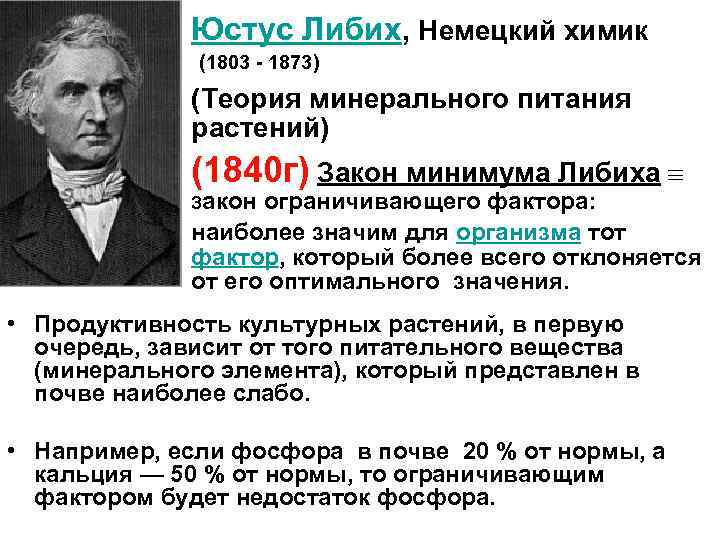 Юстус Либих, Немецкий химик (1803 - 1873) (Теория минерального питания растений) (1840 г) Закон