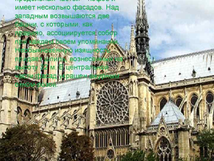 продольных частей – нефов и имеет несколько фасадов. Над западным возвышаются две башни, с