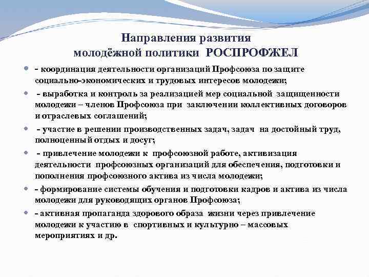 Направления развития молодёжной политики РОСПРОФЖЕЛ - координация деятельности организаций Профсоюза по защите социально-экономических и