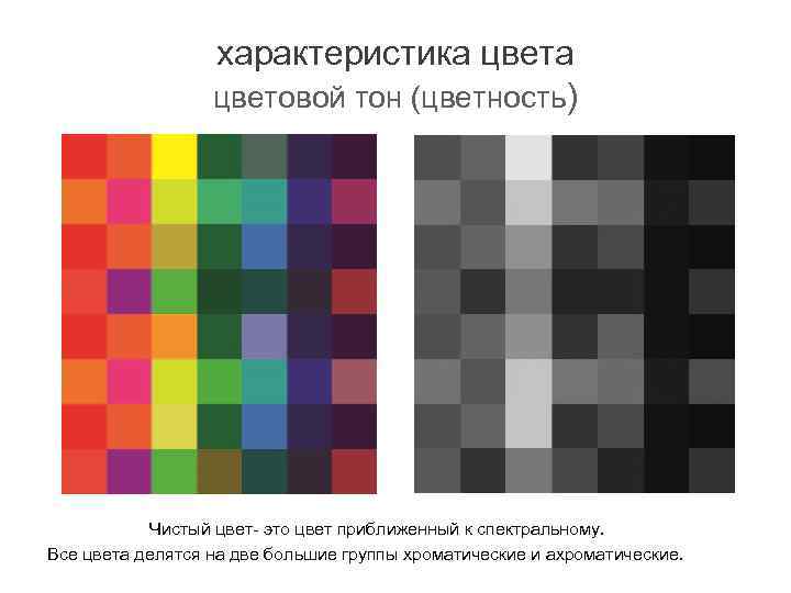 характеристика цветовой тон (цветность) Чистый цвет- это цвет приближенный к спектральному. Все цвета делятся