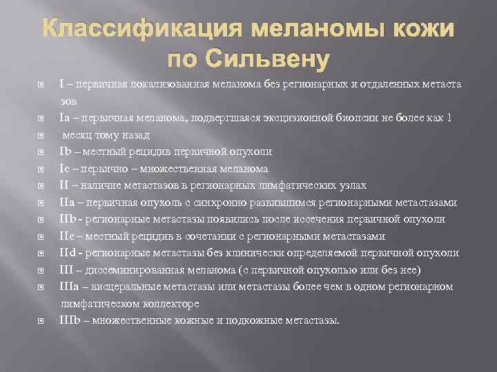 Классификация меланомы кожи по Сильвену I – первичная локализованная меланома без регионарных и отдаленных