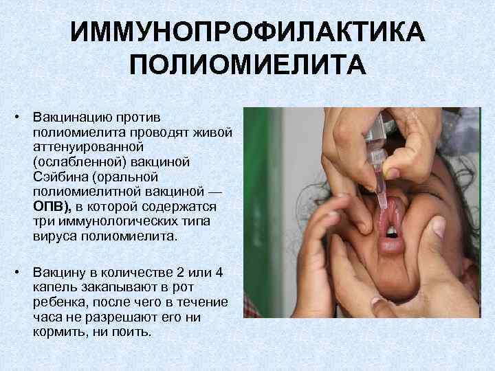 ИММУНОПРОФИЛАКТИКА ПОЛИОМИЕЛИТА • Вакцинацию против полиомиелита проводят живой аттенуированной (ослабленной) вакциной Сэйбина (оральной полиомиелитной