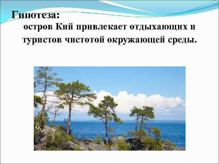 Гипотеза: остров Кий привлекает отдыхающих и туристов чистотой окружающей среды. 