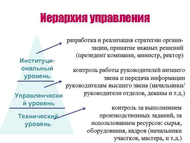 Иерархия управления Институциональный уровень разработка и реализация стратегии организации, принятие важных решений (президент компании,