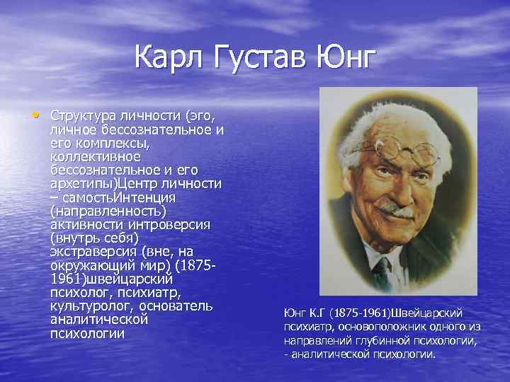 Карл Густав Юнг • Структура личности (эго, личное бессознательное и его комплексы, коллективное бессознательное