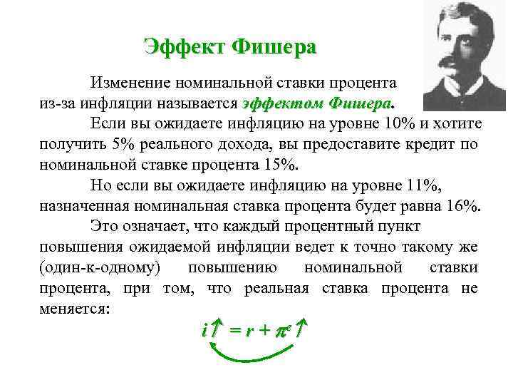 Эффект Фишера Изменение номинальной ставки процента из-за инфляции называется эффектом Фишера. Если вы ожидаете