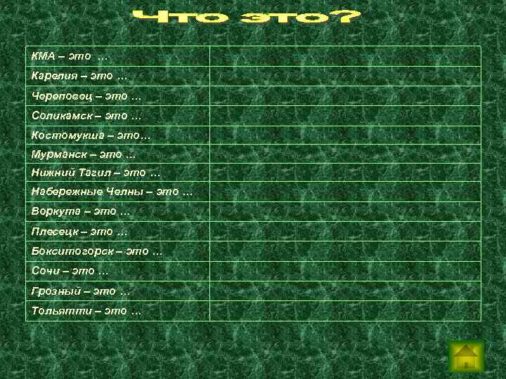 КМА – это … Карелия – это … Череповец – это … Соликамск –