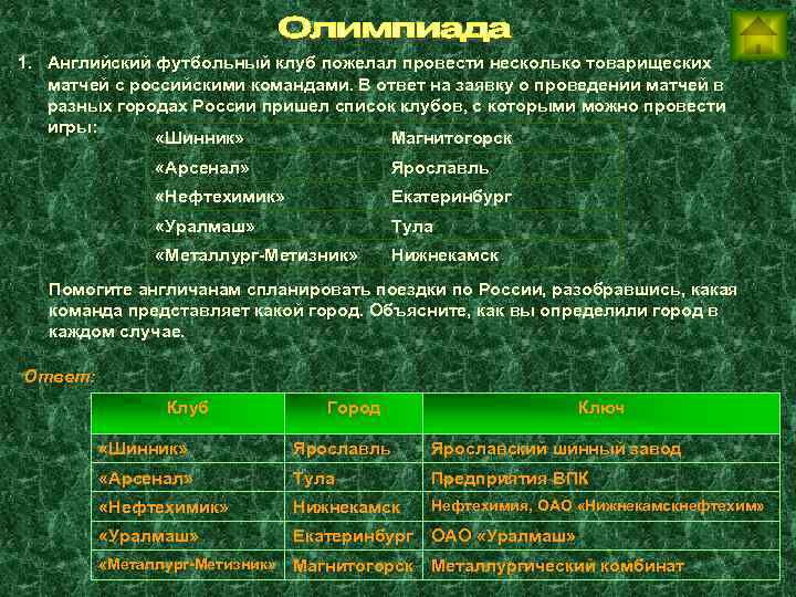 1. Английский футбольный клуб пожелал провести несколько товарищеских матчей с российскими командами. В ответ