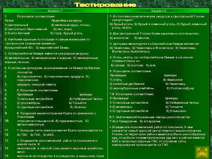 Вариант 1 Вариант 2 1. Установите соответствие: Район Природные ресурсы 1) Центральный А) железные
