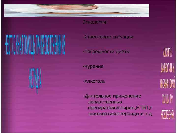 Этиология:  -Стрессовые ситуации -Погрешности диеты  -Курение -Алкоголь  -Длительное применение  лекарственных