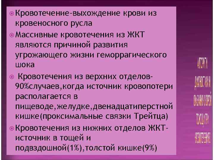  Кровотечение-выхождение  крови из  кровеносного русла  Массивные кровотечения из ЖКТ 