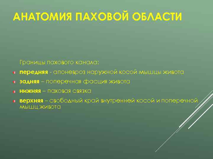 АНАТОМИЯ ПАХОВОЙ ОБЛАСТИ  Границы пахового канала: передняя - апоневроз наружной косой мышцы живота