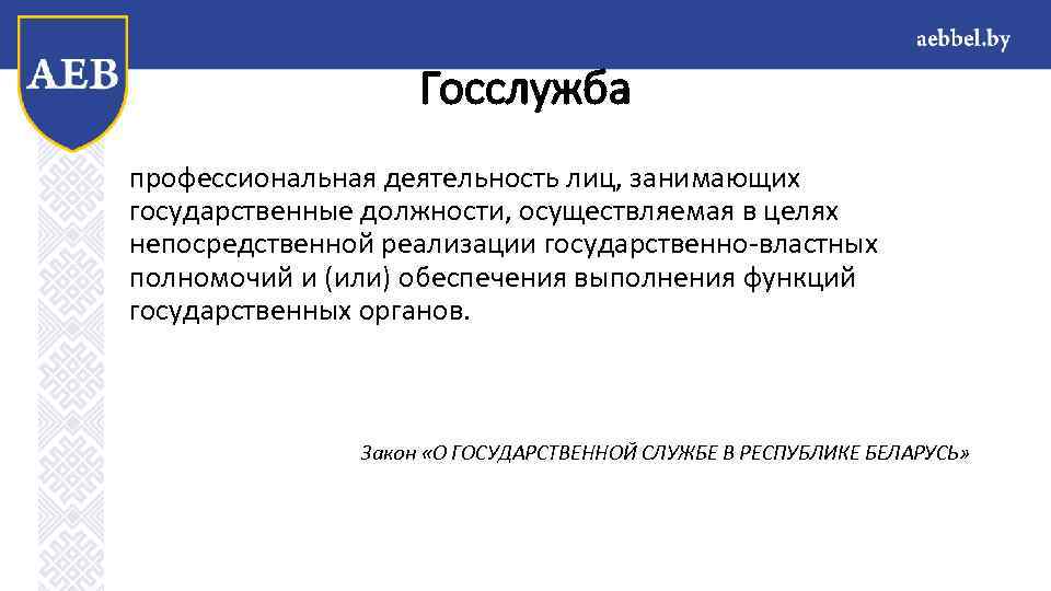 Госслужба профессиональная деятельность лиц, занимающих государственные должности, осуществляемая в целях непосредственной реализации государственно-властных полномочий